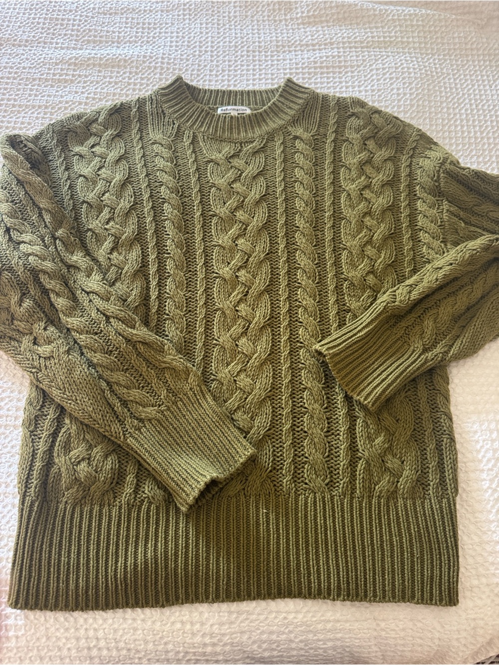 Reformation Olive Cable-Knit Crewneck Sweater
